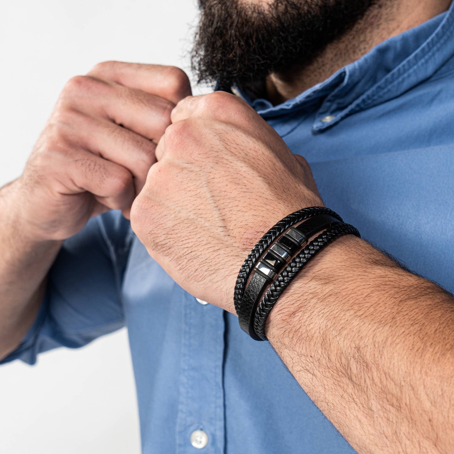 Leren armband „Glory” - zilver/zwart - B016